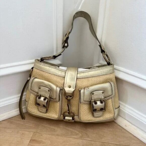 COACH LEGACY STRAW RAFFIA GOLD LEATHER SHOULDER HANDBAG PURSE - Picture 6 of 15